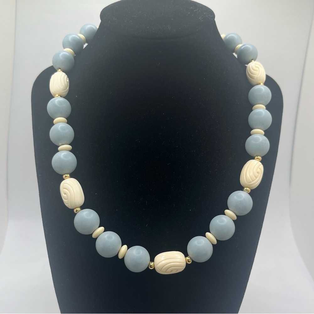 Vintage Napier Pastel Blue Lucite Bead Necklace with Ivory Carved Accents